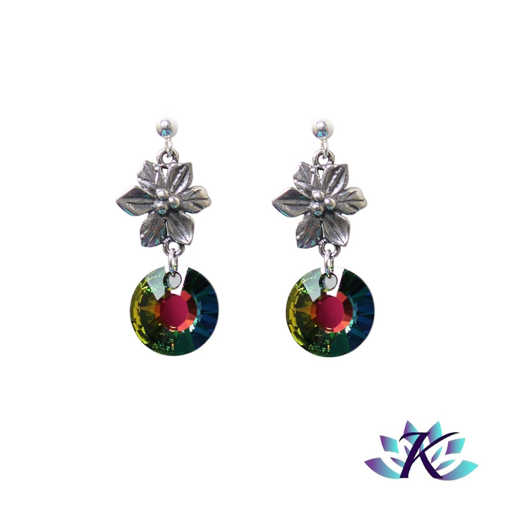 Boucles d'Oreilles Fleurs Argent 925 Disque Cristal Autrichien Sun - Vitrail Medium