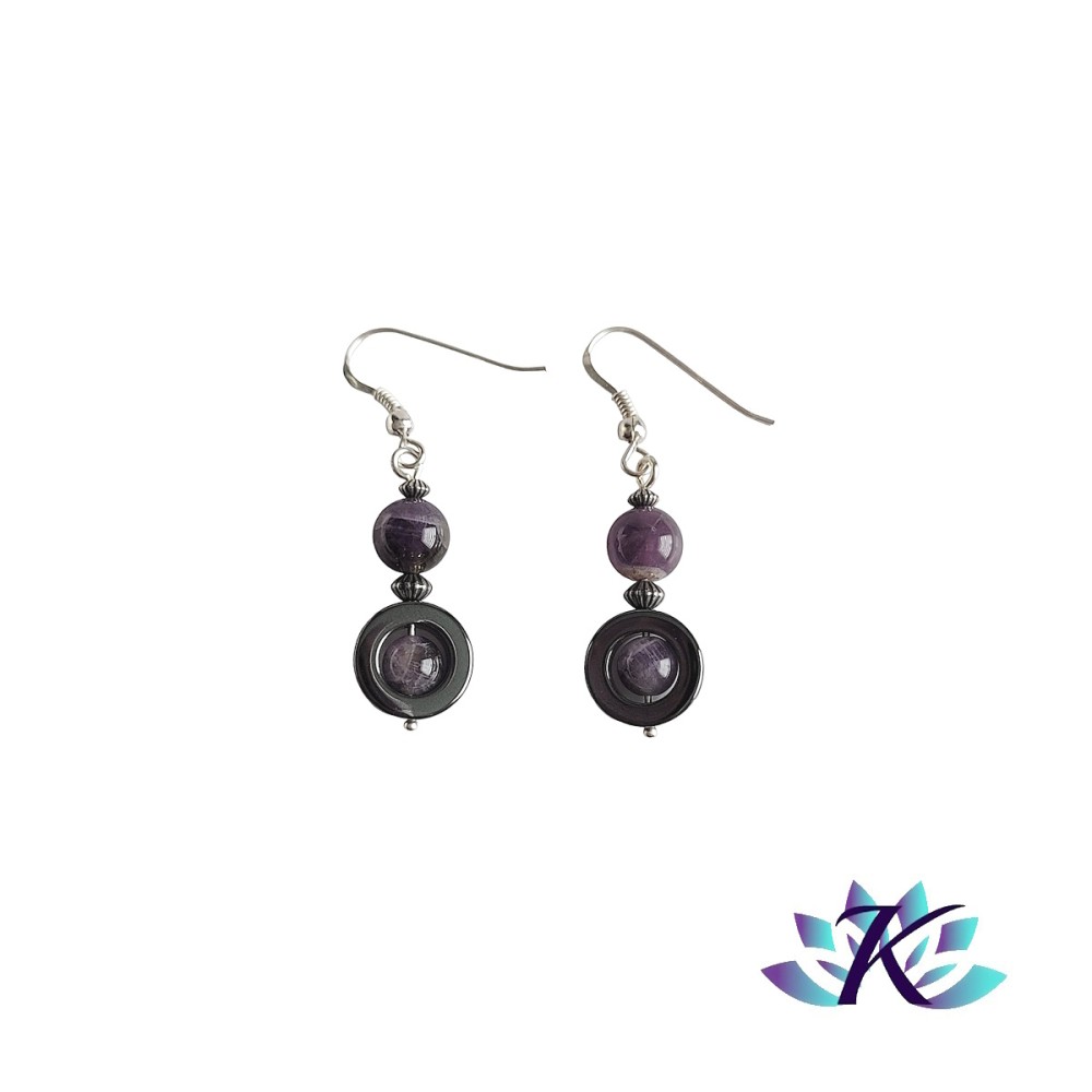 Boucles d'oreilles Argent 925 Perles Pierres Gemmes : Hématite  - Améthyste