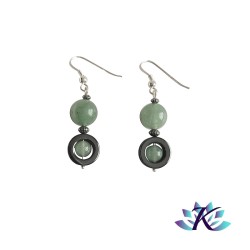 Boucles d'oreilles Argent 925 Perles Pierres Gemmes : Hématite - Aventurine Verte