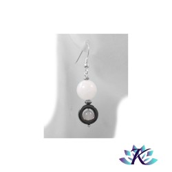 Boucles d'oreilles Argent 925 Perles Pierres Gemmes : Hématite -  Jade Blanche