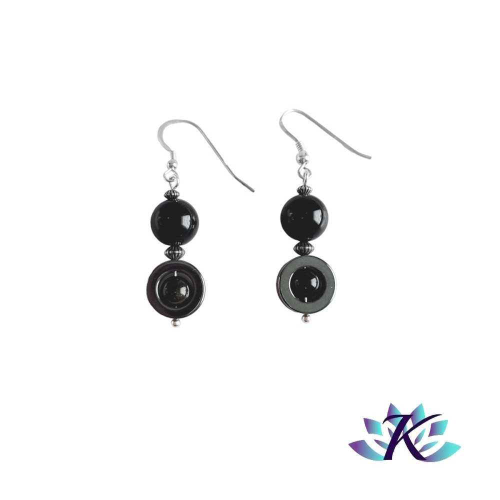 Boucles d'oreilles Argent 925 Perles Pierres Gemmes : Hématite - Œil de Faucon