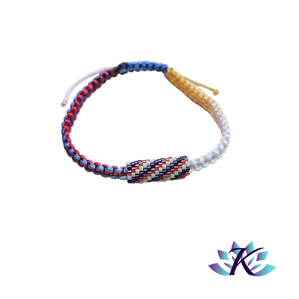 Bracelet Ajustable Macramé Tube 21x8mm Tissage Perles Miyuki Dégradé Bleu Rouge Jaune