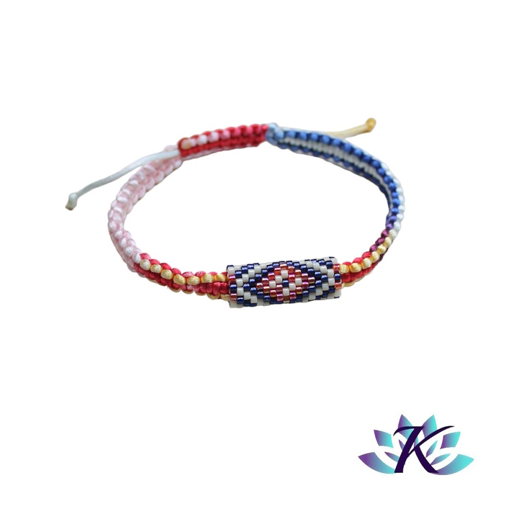 Bracelet Macramé Tube Perles Miyuki Réversible Dégradé Bleu Rouge Jaune