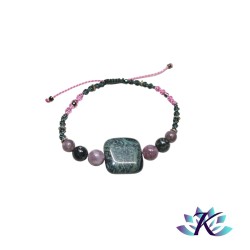 Bracelet Macramé Ajustable Rose Vert - Pierres Gemmes : Jaspe Kambaba Lépidolite