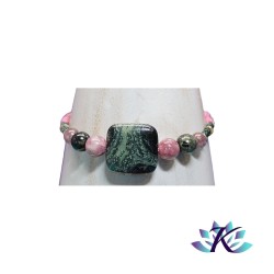 Bracelet Macramé Ajustable Rose Vert - Pierres Gemmes : Jaspe Kambaba Lépidolite