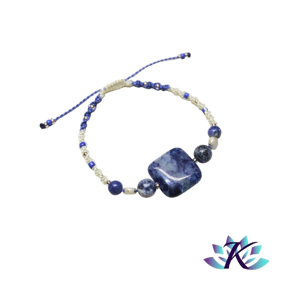 Bracelet Macramé Ajustable Tons Bleus Jaunes - Pierres Gemmes : Sodalite