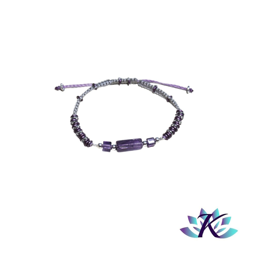 Bracelet Macramé Ajustable Tons Gris Violet - Argent 925 Pierre Gemme Améthyste