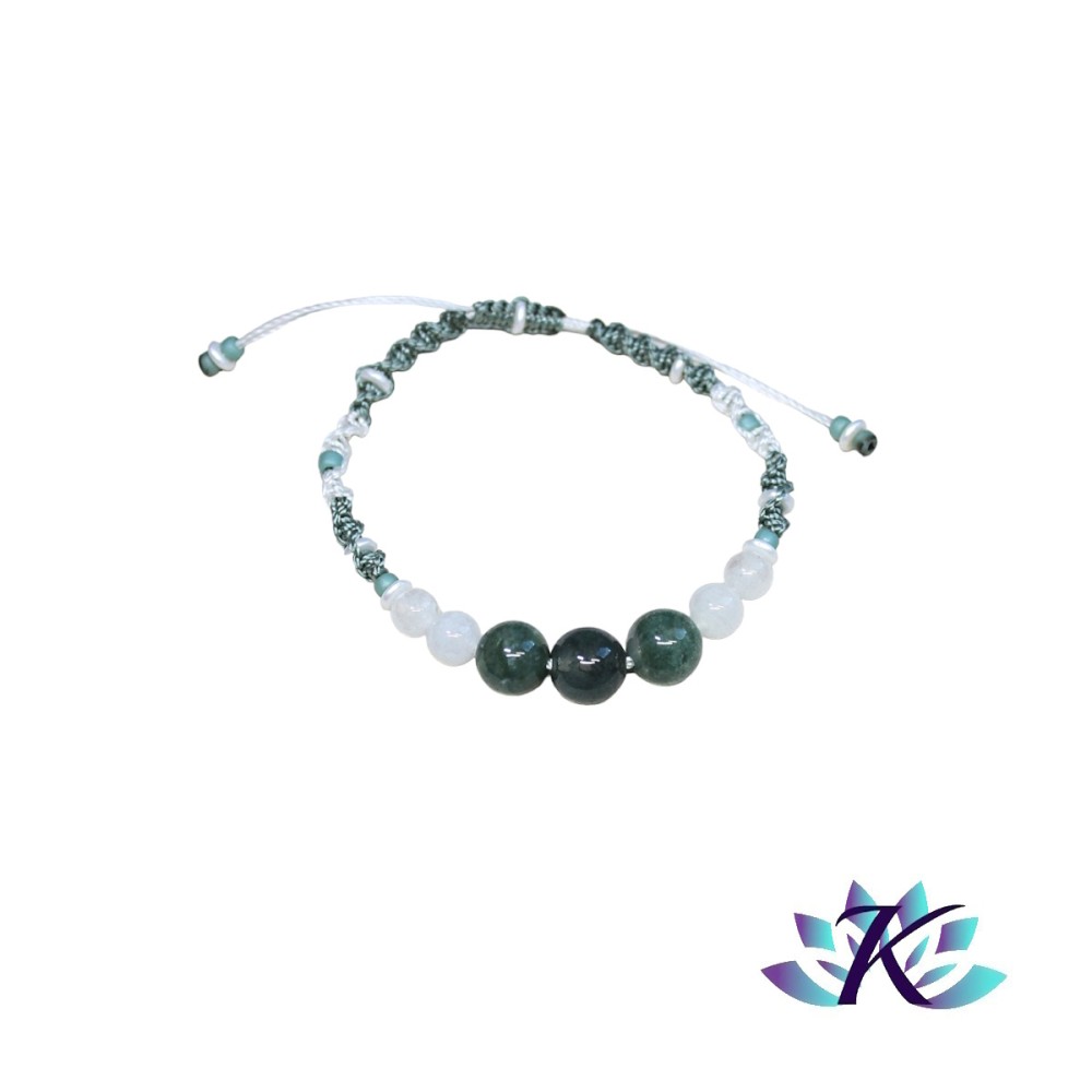 Bracelet Macramé Ajustable Tons Blanc Vert - Agate Mousse Labradorite Blanche