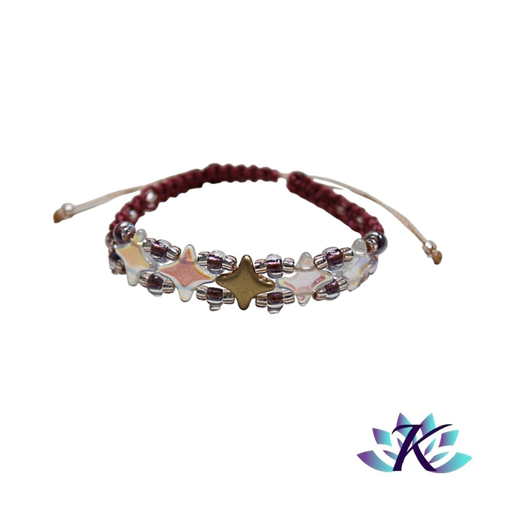 Bracelet Macramé - Perles Verre Etoiles - Bordeaux Beige