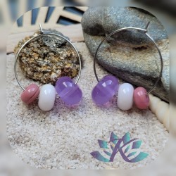 Boucles d' Oreilles Créoles Perles Verre Filé - Violet - Rose