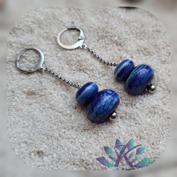 Boucles D'Oreilles Perles Verre Filé Murano - La Mer - Bleu Blanc Beige