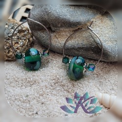 Boucles d' Oreilles Créoles Perles Verre Filé Murano - Vert Effets Multi-couleurs