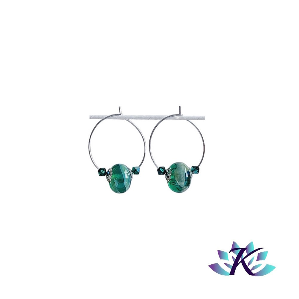 Boucles d' Oreilles Créoles Perles Verre Filé Murano - Vert Effets Multi-couleurs