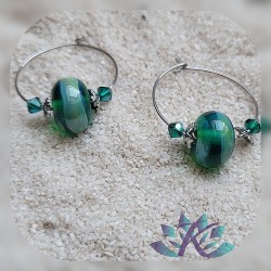 Boucles d' Oreilles Créoles Perles Verre Filé Murano - Vert Effets Multi-couleurs