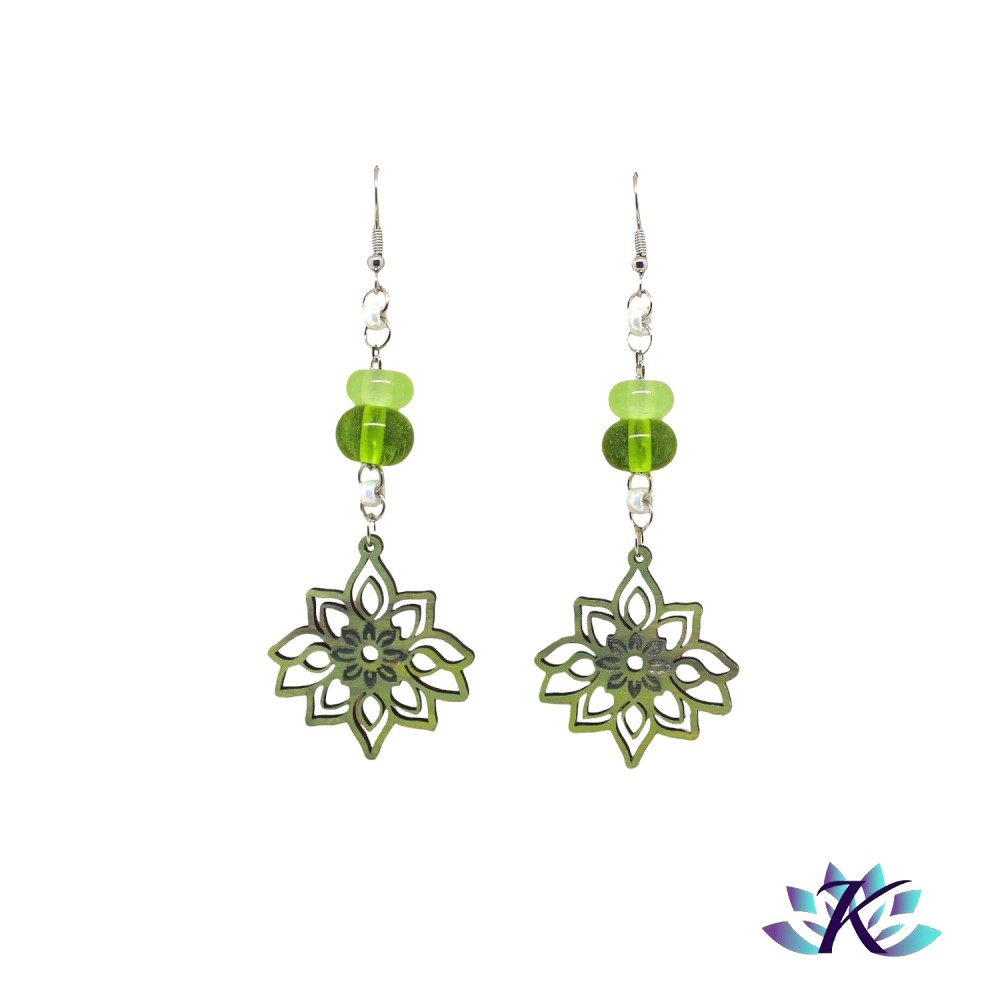 Boucles D'Oreilles Crochets Perles Verre Filé Fleur Bois Peint - Vert