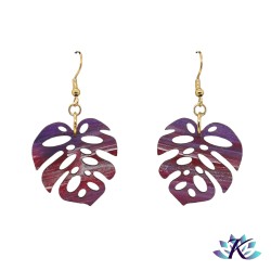 Boucles D'Oreilles Crochets Feuille Monstera en Bois Peint - Violet Rouge