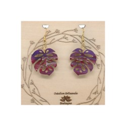 Boucles D'Oreilles Crochets Feuille Monstera en Bois Peint - Violet Rouge