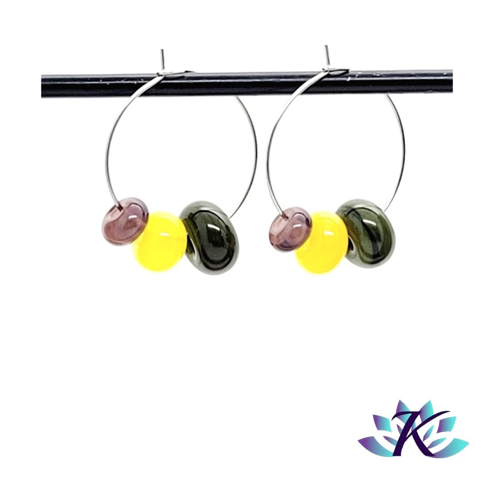 Boucles d' Oreilles Créoles Perles Verre Filé - Vert Jaune Violet