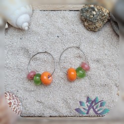 Boucles d' Oreilles Créoles Perles Verre Filé - Orange Vert Rose