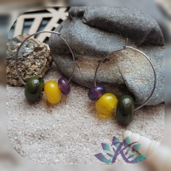 Boucles d' Oreilles Créoles Perles Verre Filé - Vert Jaune Violet