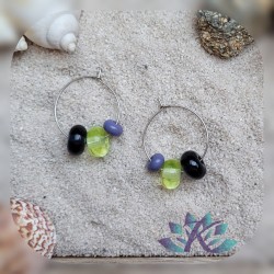 Boucles d' Oreilles Créoles Perles Verre Filé - Gris Bleu - Absinthe - Violet