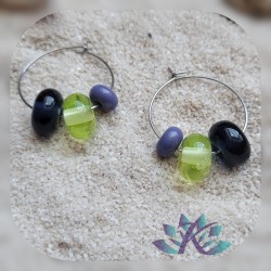 Boucles d' Oreilles Créoles Perles Verre Filé - Gris Bleu - Absinthe - Violet