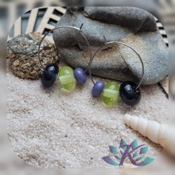 Boucles d' Oreilles Créoles Perles Verre Filé - Gris Bleu - Absinthe - Violet