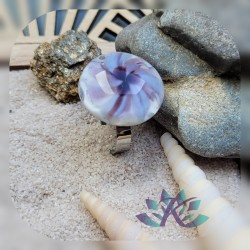 Bague Cabochon Verre Filé Murano Implosion Fleur - Violet Blanc