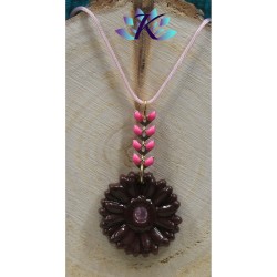 Collier Pendentif Fleur Marron en Verre 24 mm Zirconium Rose