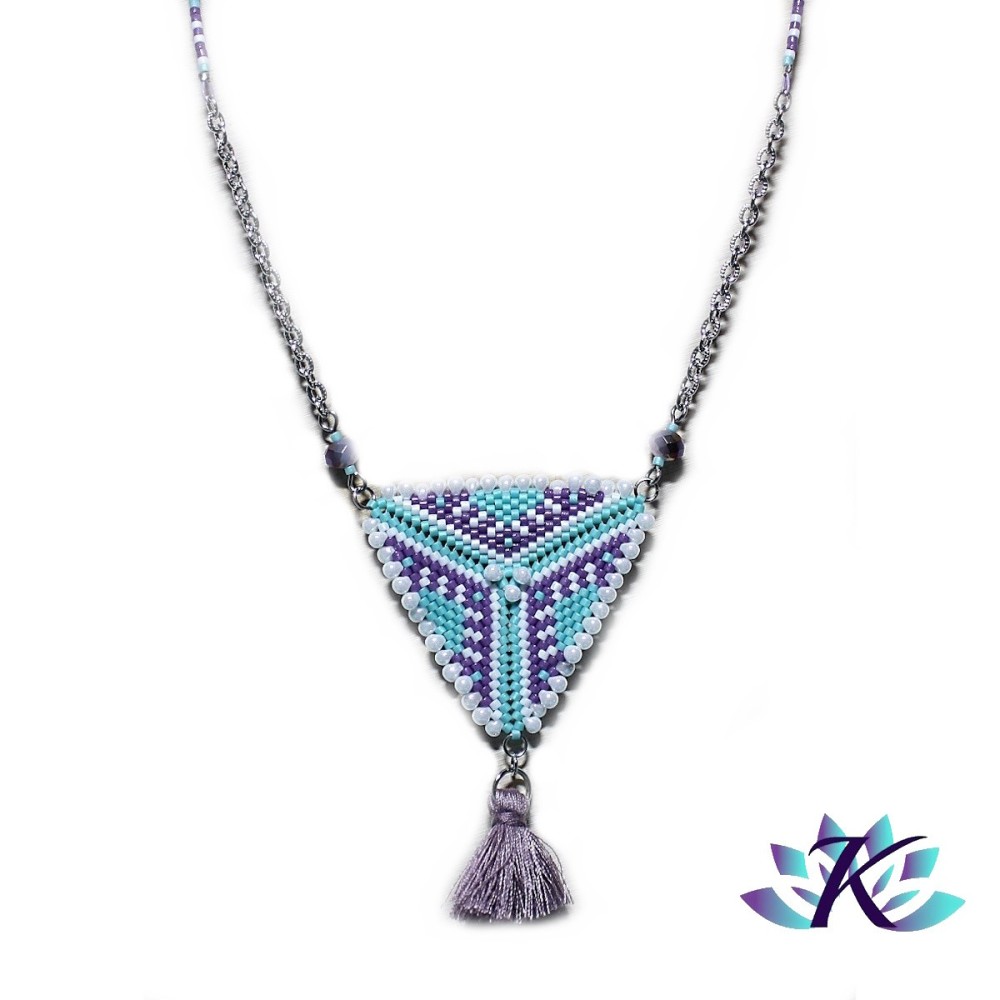 Sautoir Acier Inoxydable Triangle en Perles Tissées 44mm - Turquoise - Violet - Blanc