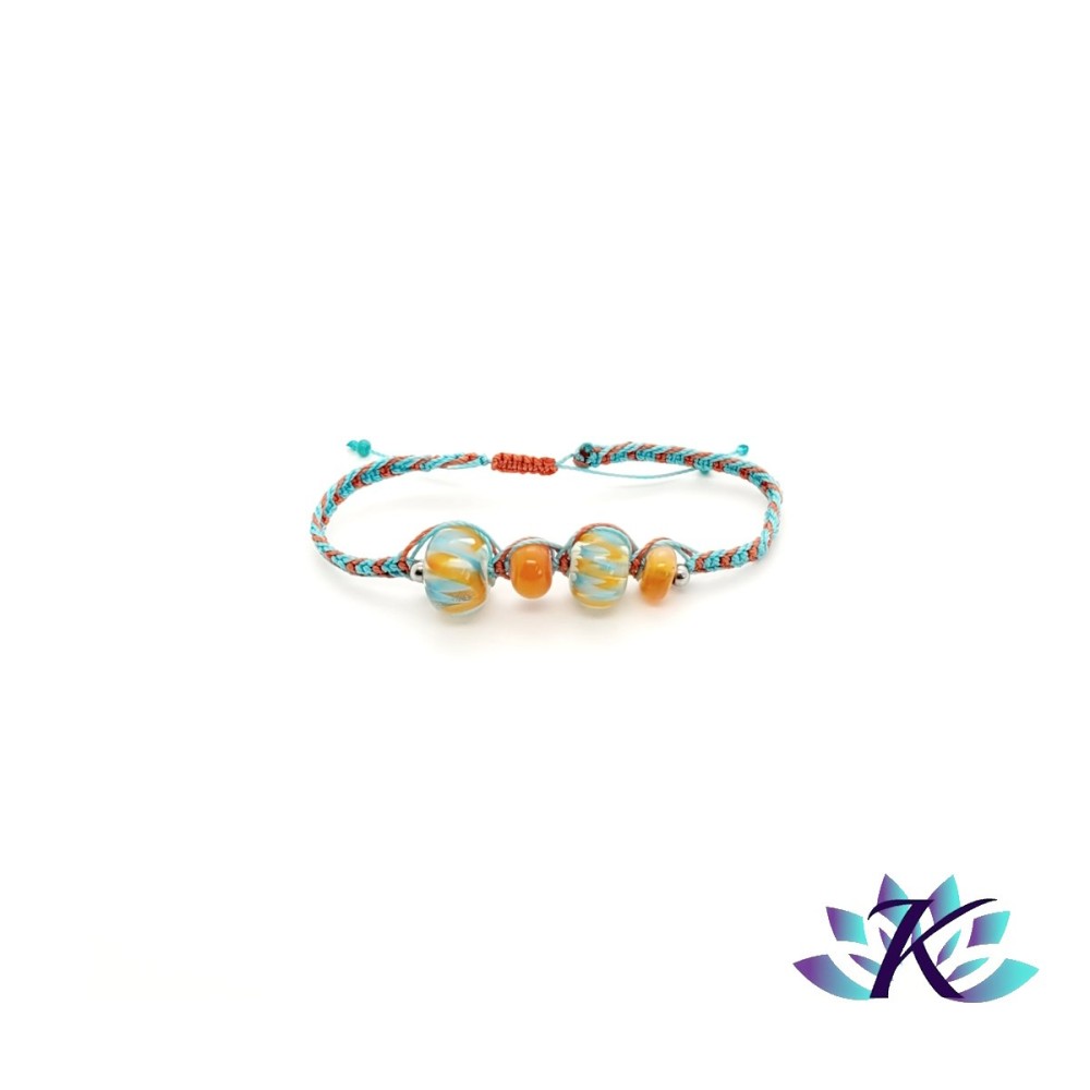 Bracelet Macramé Perles Verre Filé Murano Tons Turquoise Orange