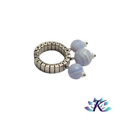 Bague Ajustable Acier Perles Pierres Gemmes : Calcédoine Bleue Dentelle