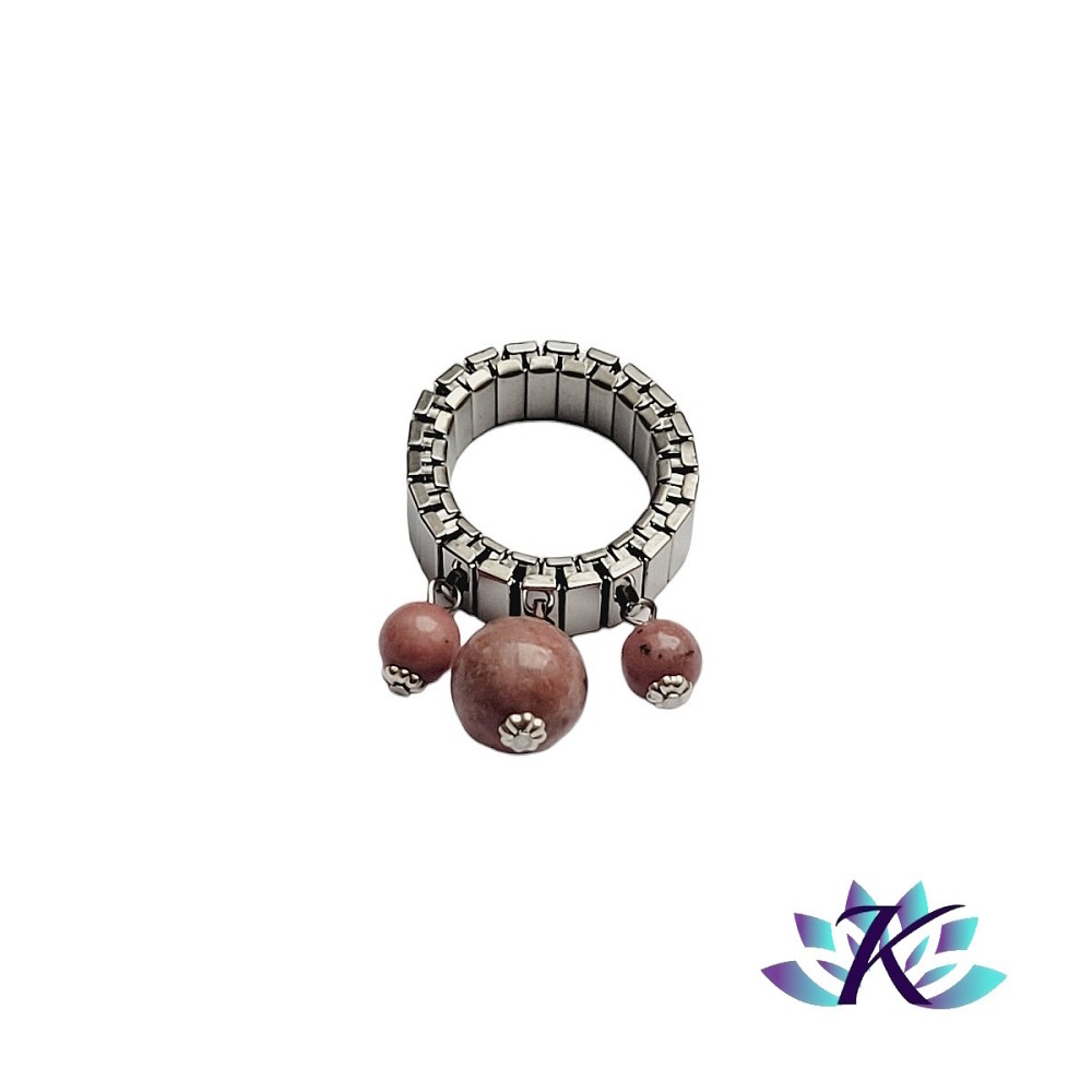 Bague Ajustable Acier Perles Pierres Gemmes Rhodonite