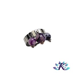 Bague Acier Ajustable Perles Pierres Gemmes : Agate Teintée Facettée Violette