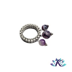 Bague Acier Ajustable Perles Pierres Gemmes : Agate Teintée Facettée Violette