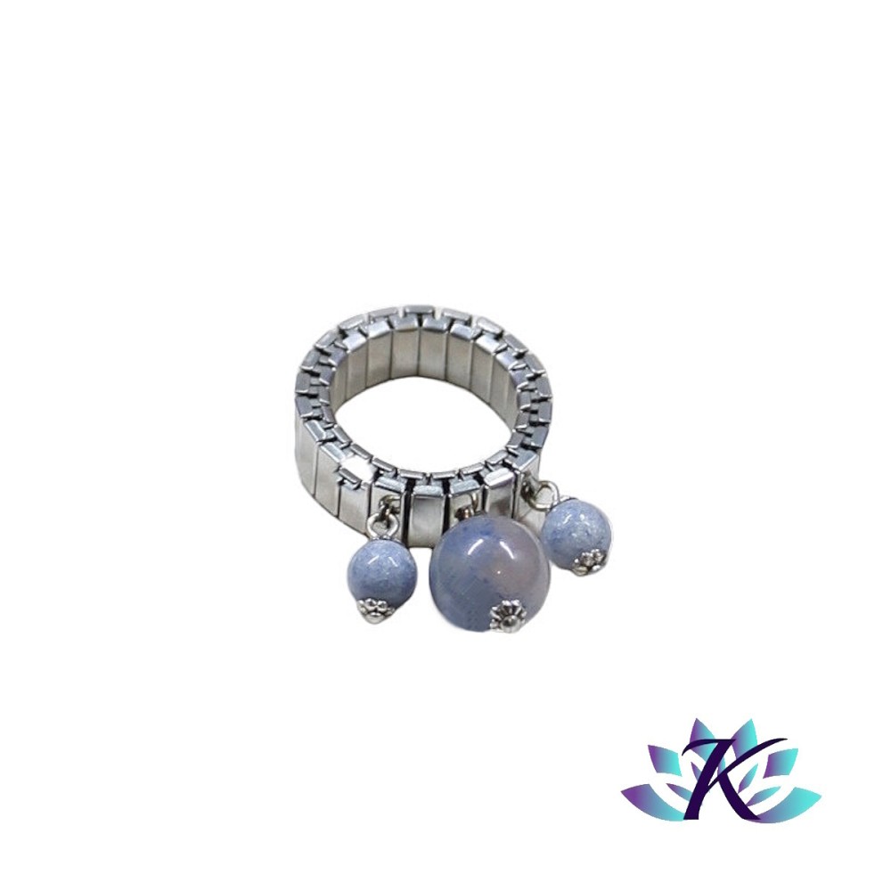 Bague Ajustable Acier Perles Pierres Gemmes Aventurine Bleue